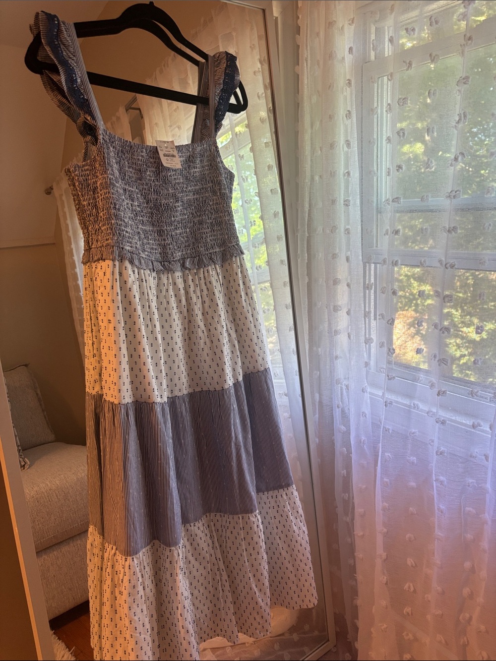 NWT J. Crew Blue and White Smocked Sundress with Striped Ties